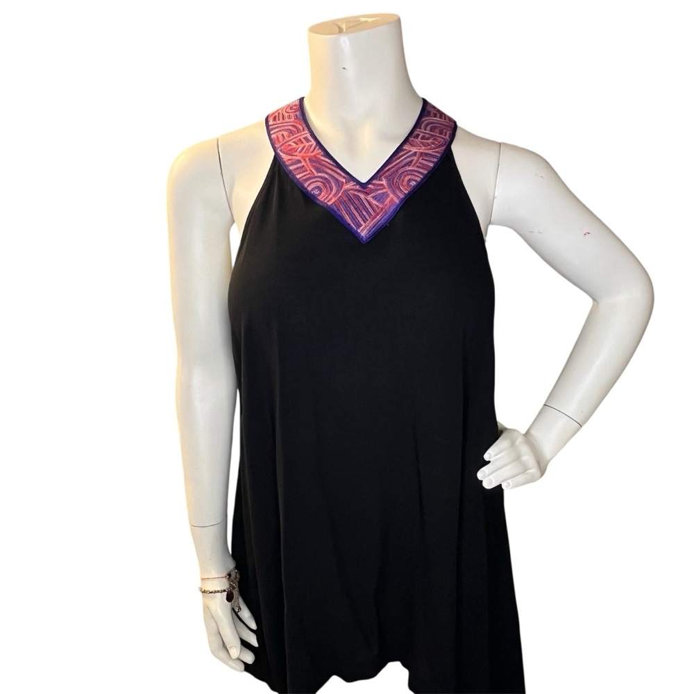 Robert Graham Olivia Black V Neck Flowy Tank Top With Pink Embroidered Neckline
